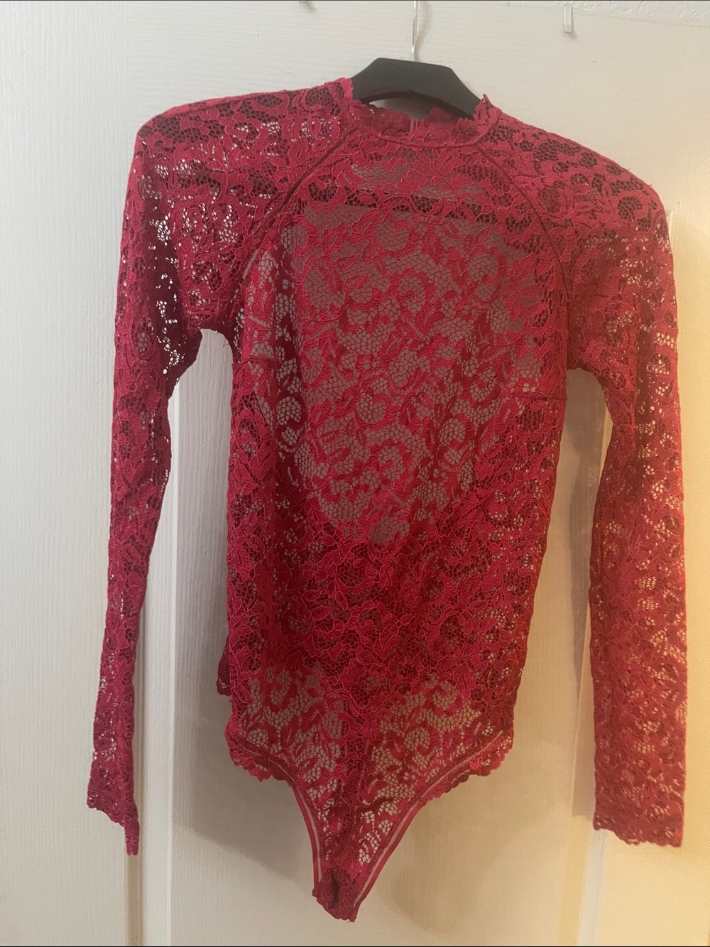 Victoria's Secret Red Lace Long-Sleeve Sheer Bodysuit